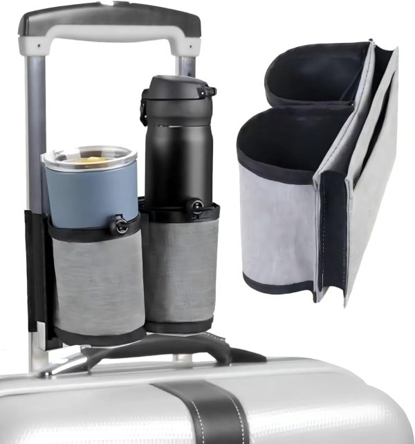 Grey Color Luggage Cup Holder Travelers Accessories for Suitcases - Foldable Beverage Mount Coffee Cup with Phone Pocket, Universal Travel Organizer with Anti-Slip Base & Adjustable Strap - Grey