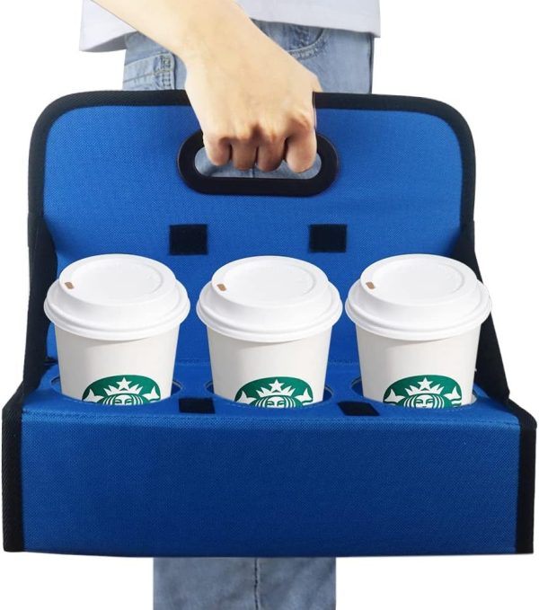 Cup Caddy Portable Drink Carrier or Cans Reusable, 6-Cup Holder with Handle, Folds Flat, Carry Coffee, Wine, Cocktails, Safely Secures Hot and Cold Beverages- for Delivery and Take Out (Blue)