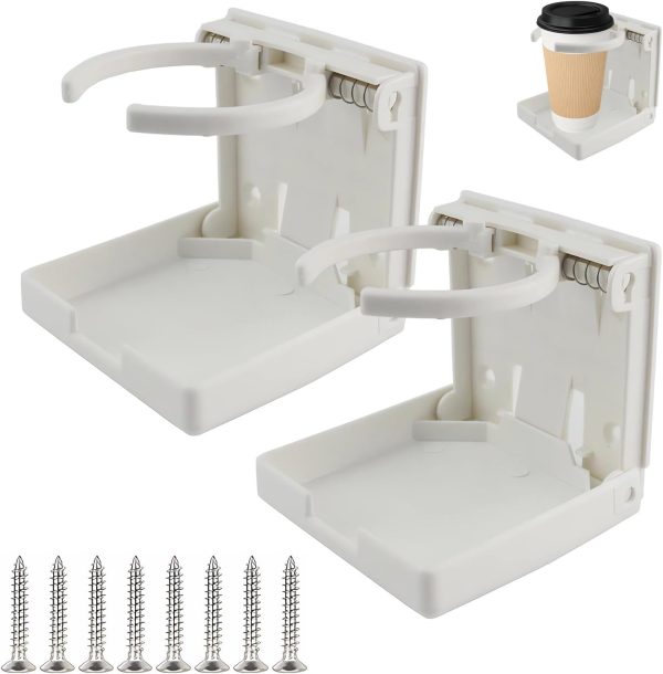 2 PCS Adjustable Folding Drink Holders, ABS Foldable Auto Cup Holder with Screws, Vehicle Water Bottle Holder for Truck, RV, Van, Boat, Camper, Caravan, Car Accessories (White)