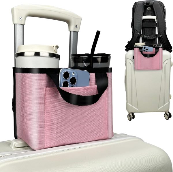 Luggage Cup Holder for Suitcases - Free Hand Drink Carrier, Multifunctional Travel Cup Holder Fits Suitcase Handles, Travel Accessories (Pink)