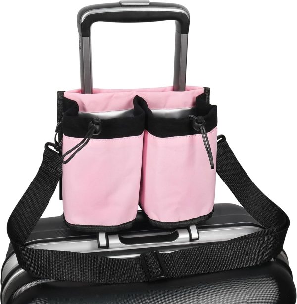 Luggage Cup Holder for Travel, Drink Holder Bag with Shoulder Strap, Cup Holder for Suitcase Free Hands,Travel Accessories Gifts for Travelers Flight Attendants(Pink)