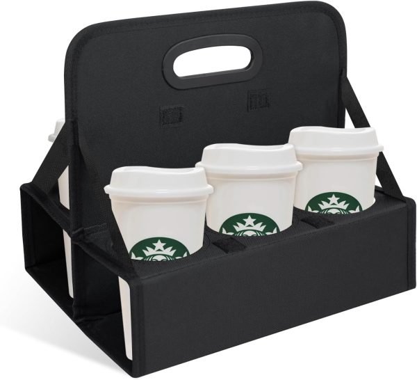 Portable Drink Carrier with Handle, 6 Cup Foldable Portable Drink Carrier, Reusable Cup Holder Carry Coffee, Wine, Cocktails, Hot and Cold Beverages for Delivery and Take Out (Black)