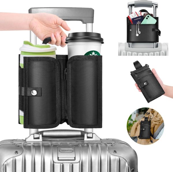 Suitcase Cup Holder, Portable Luggage Cup Holder for Suitcases, Foldable Travel Cup Holder with Handle and Hold Two Coffee Mugs&3 Zippered Pockets for Beverages Airport Travel Accessories
