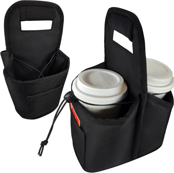 Insulated Reusable 2-cup drink carrier with adjustable dividers, money pocket, straw slot and handle. Ideal for delivery, takeout, travel, and outdoor use