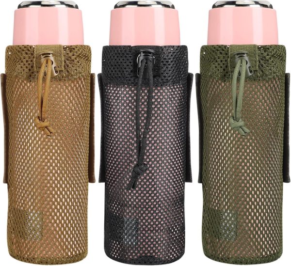 3 Pcs Water Bottle Holder Foldable Water Bottle Pouch for Backpack 17oz Mesh Cup Carrier Holster for Travel Bag, Drawstring Open Top